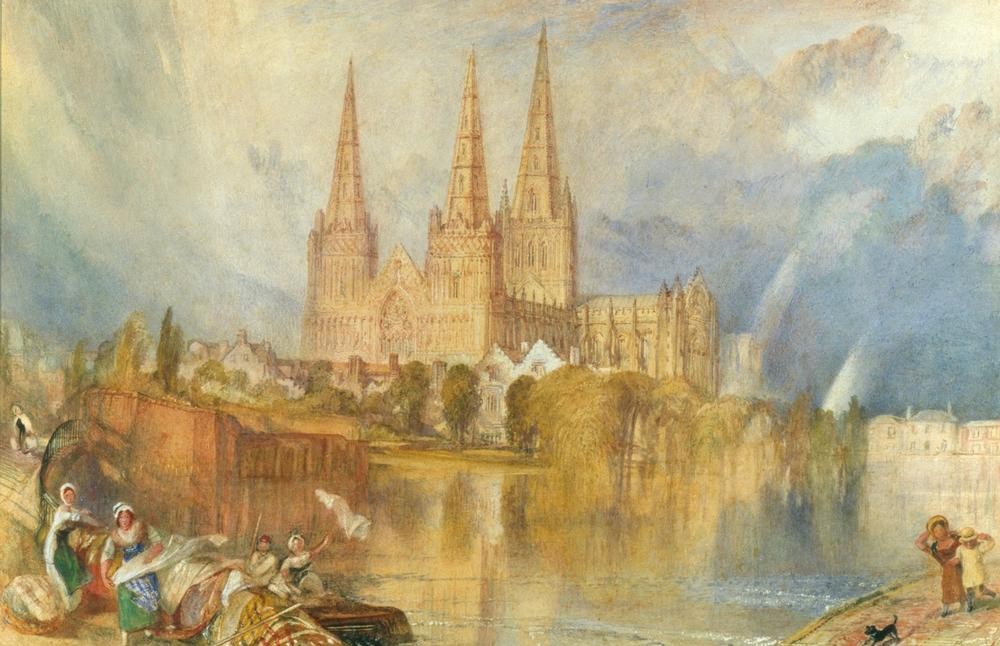 JOSEPH MALLORD WILLIAM TURNER, Lichfield, Staffordshire (Kunst,Architekturdarstellung,Englische Kunst,Ansicht,Aussenansicht,Romantik,Gesamtansicht,Kathedrale)