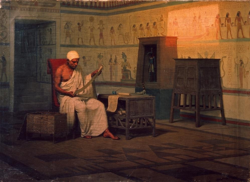 Stepan Wladislawowitsch Bakalowitsch, Ägyptischer Priester einen Papyrus lesend (Geschichte,Kult,Kunst,Leser,Möbel,Priester,Schreibtisch,Lesen (Allgemein),Russische Kunst,Schreibwerkzeug,Historienmalerei,Papyrus,Grabkammer,Totenbuch,Altes Ägypten,Hieroglyphen)