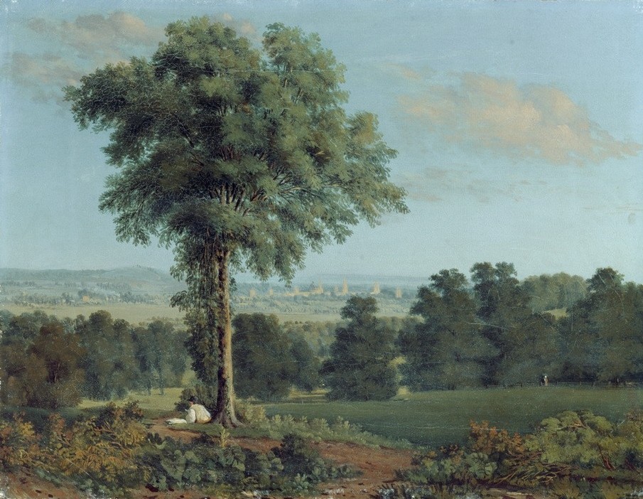 William Turner of Oxford, Landscape with a Distant View of Oxford (Landschaftsmalerei, Baum, Rast, Pause, Idylle,  England, Romantik, Aquarell, Wunschgröße, Wohnzimmer)