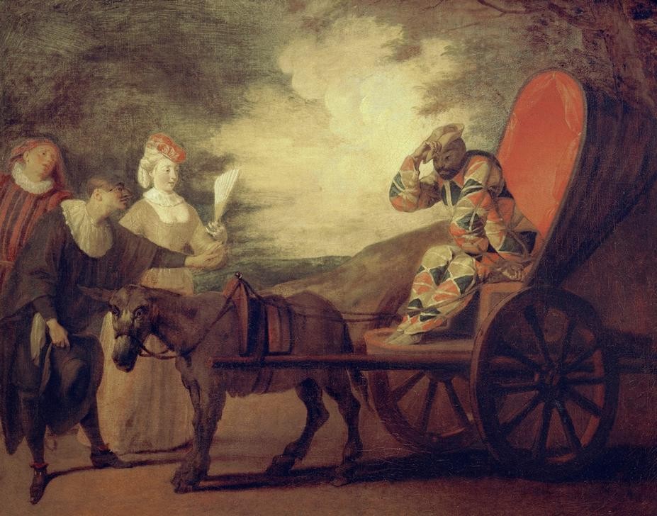 Jean-Antoine Watteau, Eine Szene aus ‘Arlequin, empereur dans la Lune' (Commedia Dell'arte,Kutsche,Kunst,Pferdewagen,Szene,Theater,Rokoko,Komödie,Heiratsantrag,Harlekin,Französische Kunst,Schauspiel,Comedie Italienne)