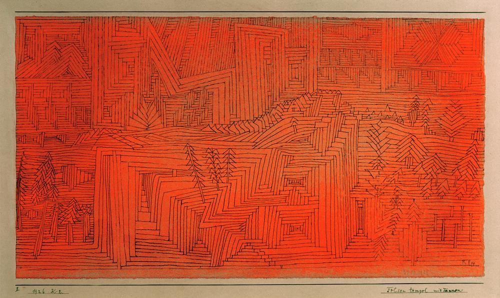 Paul Klee, Felsentempel mit Tannen (Architektur,Deutsche Kunst,Kunst,Landschaft,Tanne,Tempel,Abstrakte Kunst,Schweizerische Kunst,Abstraktion,Orange (Farbe))