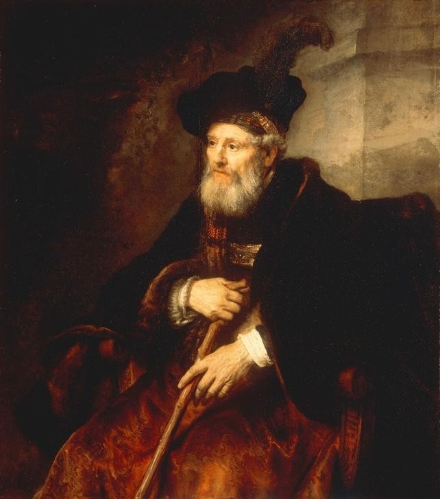 Rembrandt Harmenszoon van Rijn, Bildnis eines sitzenden alten Mannes (Kunst,Mann,Mensch,Alter,Barock,Turban,Hand,Portrait,Greis,Helldunkel,Niederländische Kunst,Vollbart,Spazierstock,Alter Mann,Sitzen,Halbfigur)
