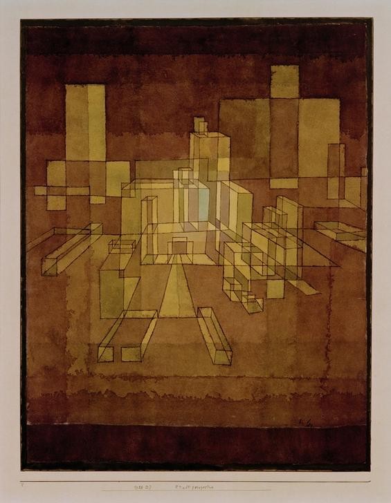 Paul Klee, Stadtperspective (Architektur,Bauhaus,Deutsche Kunst,Geometrie,Kunst,Stadt,Perspektive,Abstrakte Kunst,Schweizerische Kunst,Braun,Abstraktion)