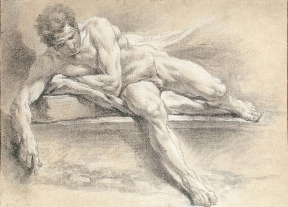 Francois Boucher, Aktstudie eines auf einer Steinbank liegenden Mannes (Kunst,Mann,Akt,Rokoko,Französische Kunst,Aktstudie)