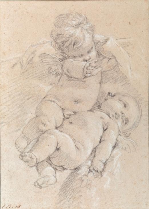 Francois Boucher, Zwei geflügelte Putti (Kunst,Mythologie,Rokoko,Putto,Studie,Französische Kunst,Schweben,Amorette,Griechisch-Römische Mythologie)