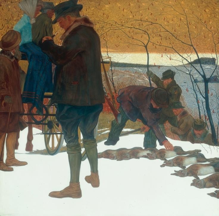Leopold Blauensteiner, Die Jagd (Jäger,Jagd,Jugendstil,Kunst,Winter,Schnee,Adel,Hase,Österreichische Kunst,Hasenjagd,Feldhase,Strecke (Jagd))