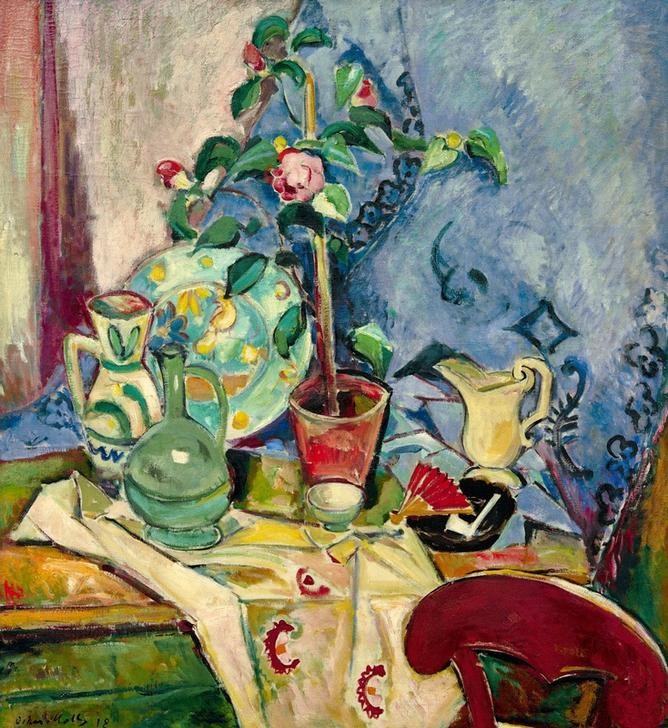 Oskar Moll, Stilleben mit Kamelie (Blumentopf, Stillleben, Pflanze, Krüge, Klassische Moderne, Malerei, Expressionismus, Esszimmer, Wohnzimmer, Wunschgröße)