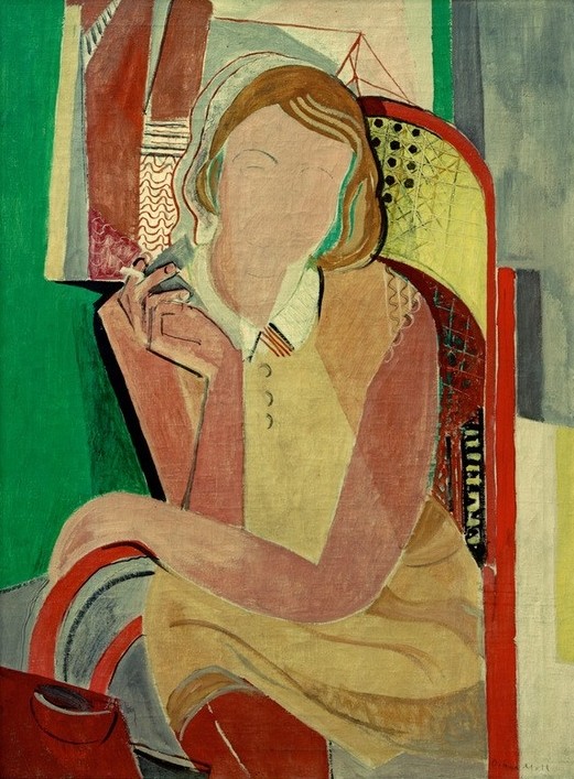 Oskar Moll, Inge III, mit Zigarette und Rohrstuhl (Deutsche Kunst,Frau,Mensch,Tabak,Zigarette,Genussmittel,Rauchen,Portrait,Sitzen,Halbfigur,Raucherin,Matisse-Schule,Rohrstuhl)