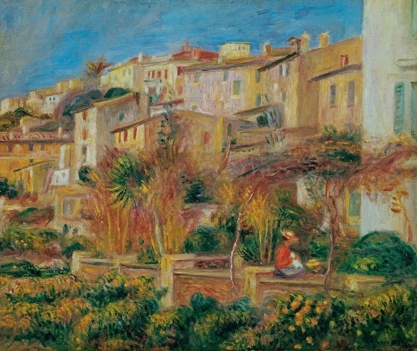 Pierre-Auguste Renoir, Terrasse à Cagnes (Architektur,Frau,Haus,Kunst,Landschaft,Palme,Terrasse,Impressionismus,Baum,Stadtansicht,Architekturdarstellung,Französische Kunst,Blume,Jahrhundertwende)