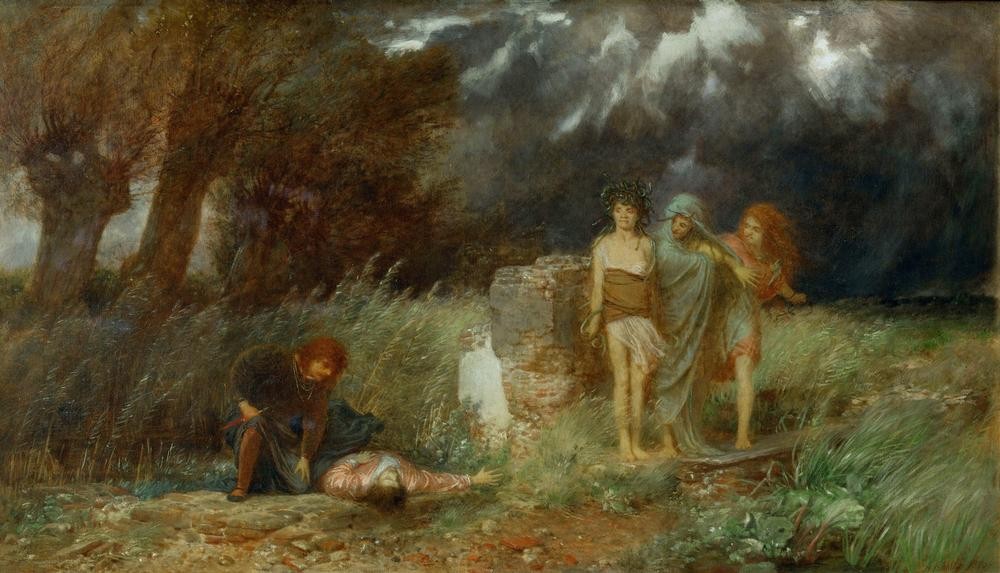 Arnold Böcklin, Ein Mörder von Furien verfolgt (Landschaft, Gewitter, Wetter, Überfall, Mord, Gewissen, Furien,  Symbolismus, Wunschgröße, Klassiker, Wohnzimmer, bunt)