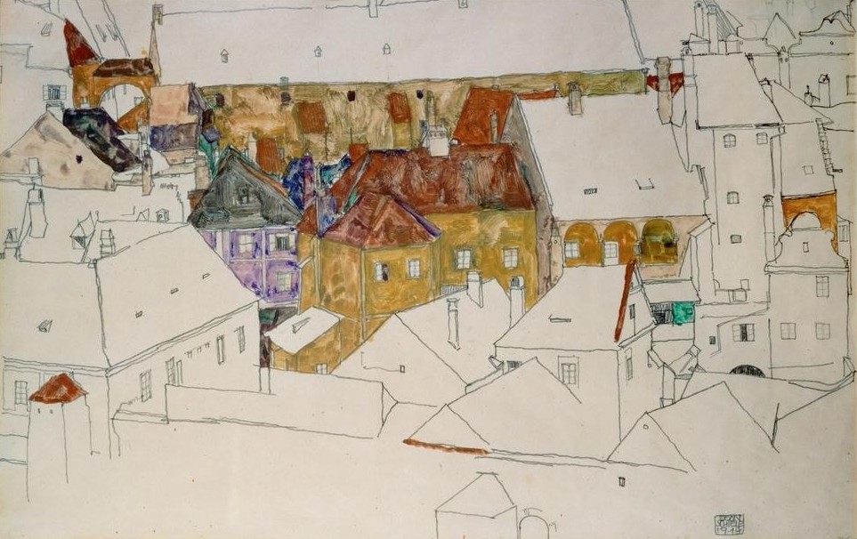 Egon Schiele, Die gelbe Stadt (Altstadt,Geographie,Jugendstil,Kunst,Expressionismus,Stadtansicht,Architekturdarstellung,Österreichische Kunst,Ansicht,Dachlandschaft,Topographie,Unvollendet)