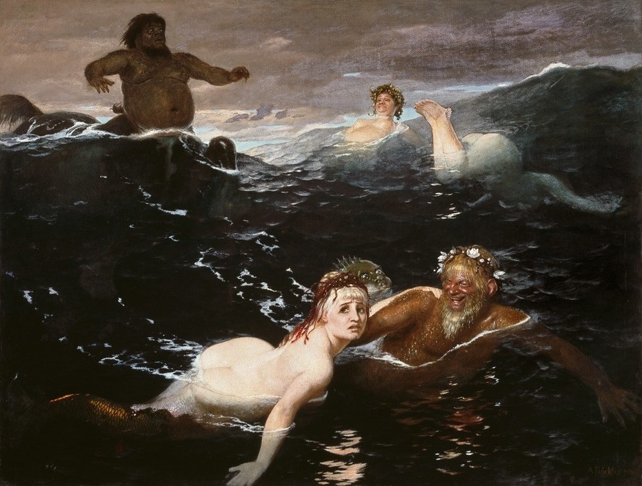 Arnold Böcklin, Im Spiel der Wellen (Mythologie, Nixen, Nymphen, Faune, Meer, Schwimmen,   Symbolismus, Wunschgröße, Klassiker, Wohnzimmer, bunt)