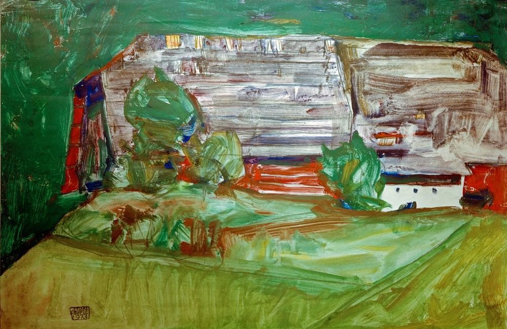 Egon Schiele, Bauernhaus in Landschaft (Bauernhaus,Kunst,Landschaft,Österreichische Kunst)