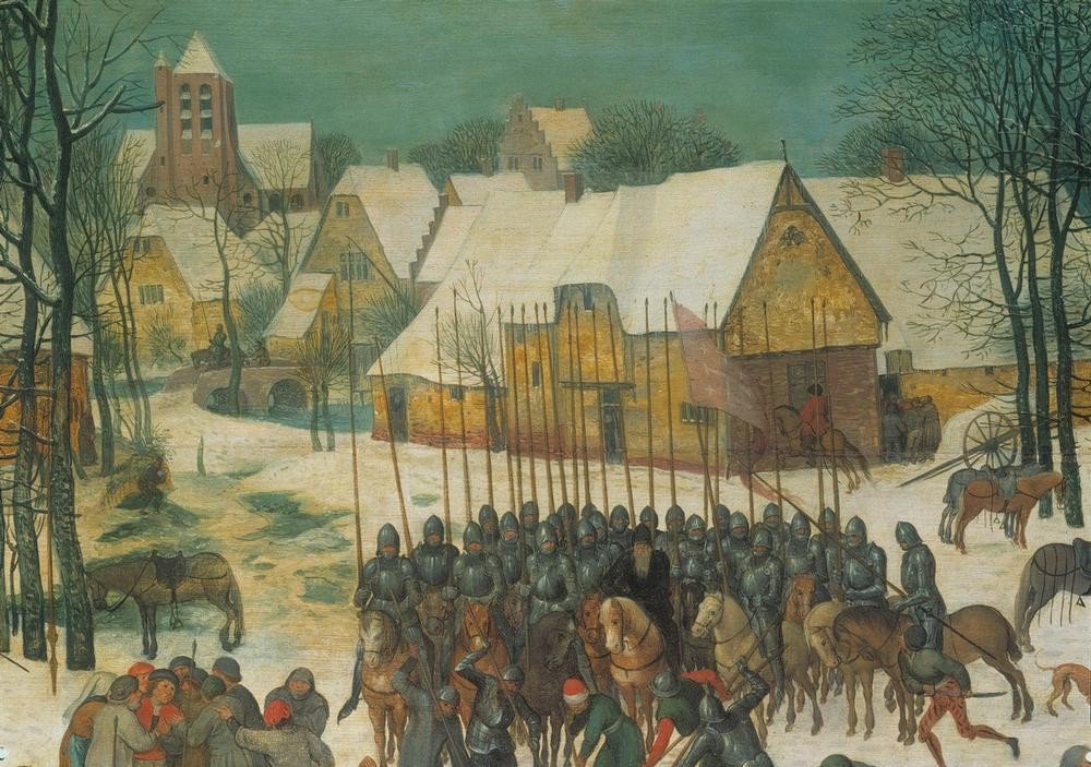 Pieter Brueghel der Jüngere, Der bethlehemitische Kindermord (Blut,Christentum,Dorf,Jahreszeiten,Kind,Militär,Mutter Und Kind,Pferd (Tier),Religion,Rüstung (Schutzkleidung),Soldat,Stadt,Strassenszene,Szene,Tod,Volkskunde,Winter,Zoologie,Reiter,Schnee,Trauer,Renaissance,Hund,Panik,Angst,Kindesmisshandlung,Grausamkeit)