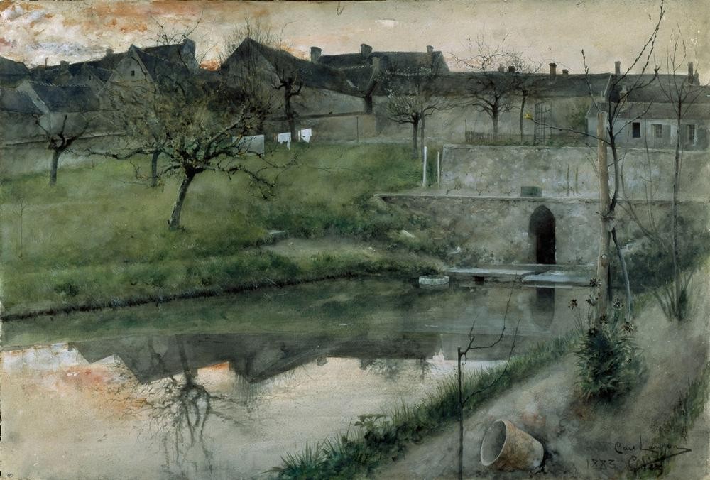 Carl Larsson, Der Teich von Grezsur-Loing (Dorf,Kunst,Landschaft,See,Spiegelung,Schwedische Kunst,Dorfteich)