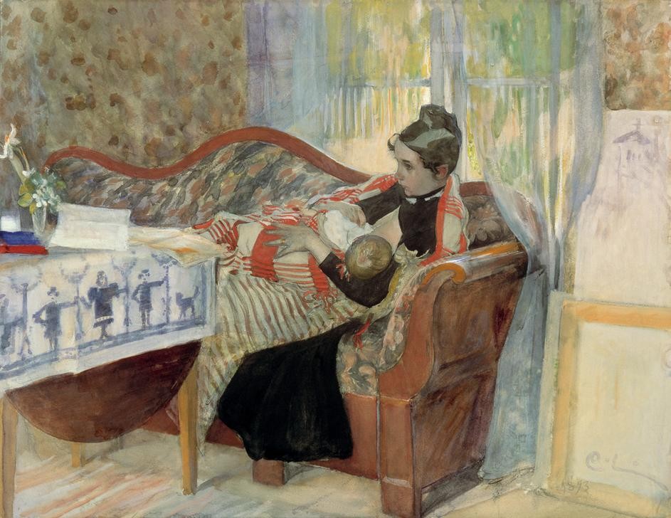 Carl Larsson, Karin und Brita (Baby,Frau,Geburt,Jugendstil,Mädchen,Medizin,Mutter Und Kind,Stillen,Portrait,Künstlerfrau,Interieur,Sofa,Schwedische Kunst,Harmonie,Frauenleben)