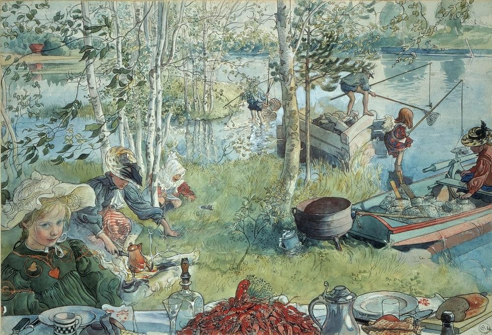 Carl Larsson, Krebsfang (Angeln (Sport),Ausflug,Essgeschirr,Essen Und Trinken,Familie,Jugendstil,Kunst,Picknick,Freizeit,Reise,Angel,Krebs (Tier),Lagerfeuer,Schwedische Kunst,Idylle,Im Freien (Allgemein),Netz,Familienleben,Künstlerfamilie,Kinderleben,Gedeckter Tisch,Krebsfang)