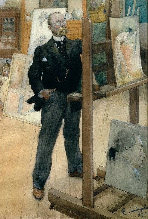 Carl Larsson, Selbstporträt (Atelier,Illustrator,Jugendstil,Kind,Künstlerleben,Künstler,Kunst,Maler (Künstler),Mann,Optik,Staffelei,Selbstbildnis,Künstler Bei Der Arbeit,Bild Im Bild,Portrait,Tochter,Beobachten,Schwedische Kunst,Heimlichkeit,Hände In Den Hosentaschen,Ganzfigurig,Pers)