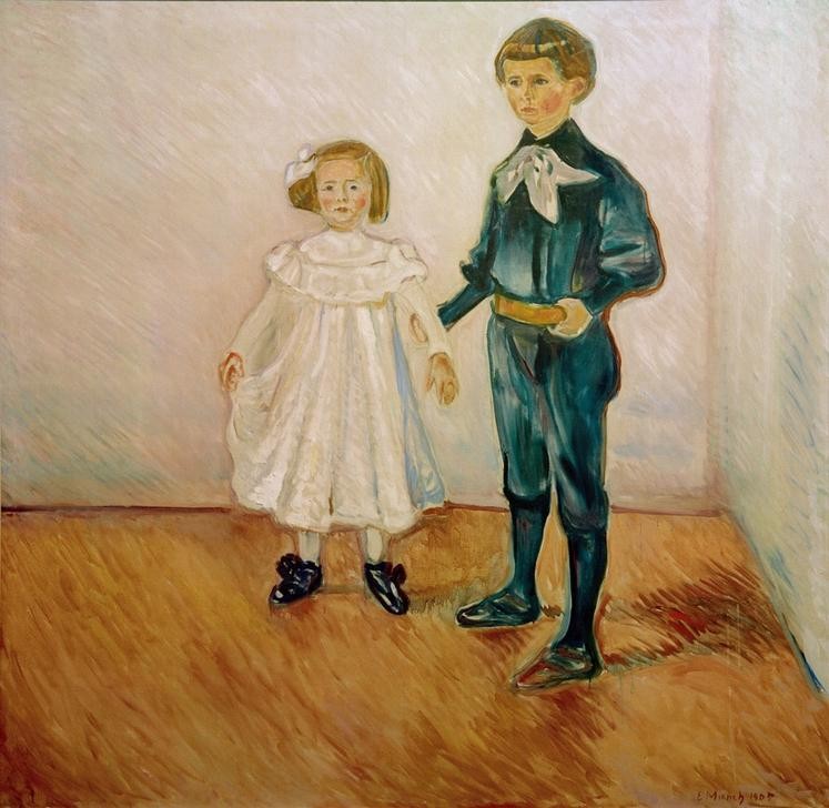 Edvard Munch, Die Esche-Kinder (Geschwister,Jugendstil,Kindermode,Kind,Kunst,Mädchen,Mensch,Schwester,Portrait,Expressionismus,Norwegische Kunst,Knabe,Bruder,Skandinavische Kunst,Doppelportrait,Ganzfigurig)