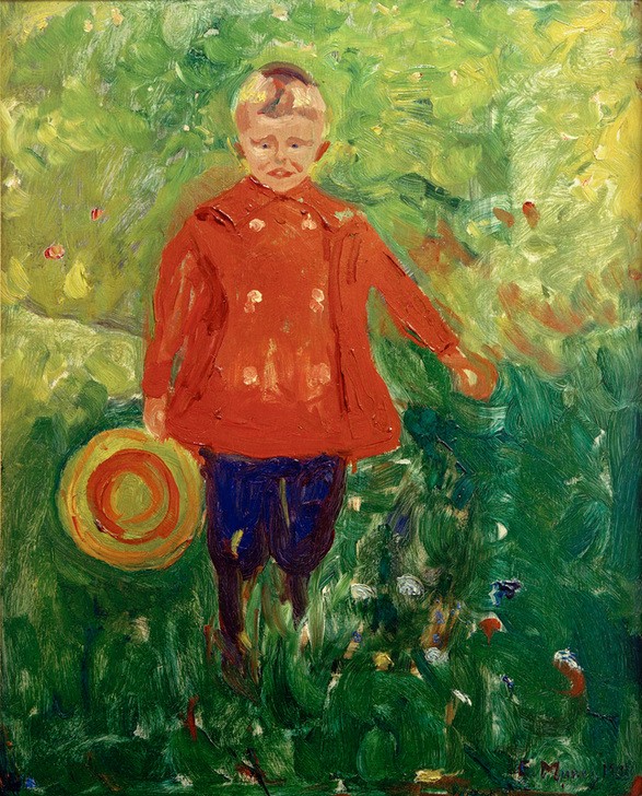 Edvard Munch, Knabe mit Jacke (Lothar Linde) (Jugendstil,Kindermode,Kind,Kunst,Mensch,Mode,Portrait,Expressionismus,Strohhut,Norwegische Kunst,Im Freien (Allgemein),Knabe,Menschen Im Garten,Skandinavische Kunst,Ganzfigurig)