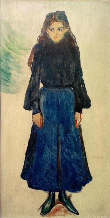 Edvard Munch, Das traurige Mädchen (Damenmode,Jugendstil,Kindermode,Kind,Kunst,Mädchen,Mensch,Mode,Trauer,Portrait,Expressionismus,Norwegische Kunst,Pubertät,Skandinavische Kunst)