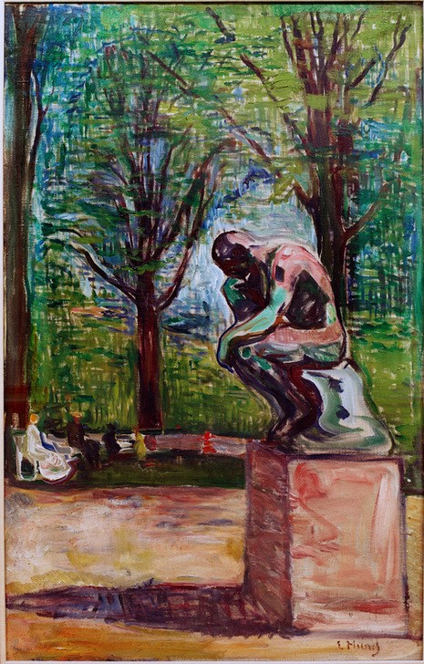 Edvard Munch, Der Denker von Auguste Rodin im Park des Dr. Linde (Garten Und Park,Jugendstil,Kunst,Park,Plastik Im Park,Expressionismus,Norwegische Kunst,Gartenfigur,Skandinavische Kunst,Freiplastik,Bildzitat)