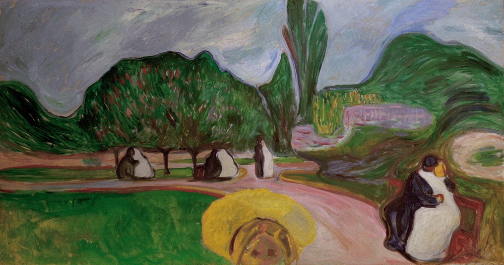 Edvard Munch, Liebespaare im Park (Garten Und Park,Jugendstil,Kunst,Liebe,Liebespaar,Menschen Im Park,Kuss,Expressionismus,Umarmung,Norwegische Kunst,Menschen Im Garten,Jahrhundertwende,Skandinavische Kunst,Linde-Fries)