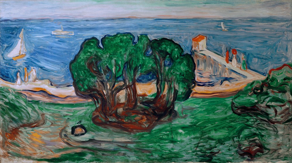 Edvard Munch, Bäume am Meer (Jugendstil,Küste,Kunst,Landschaft,Strand,Seebrücke,Meer,Expressionismus,Norwegische Kunst,Skandinavische Kunst,Linde-Fries)