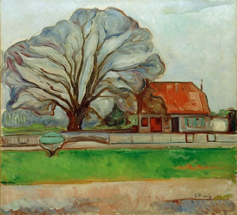 Edvard Munch, Baum über dem roten Dach (Haus,Jugendstil,Kahn,Kunst,Landschaft,Wohnhaus (Allgemein),Baum,Expressionismus,Vedute,Norwegische Kunst,Ansicht,Skandinavische Kunst)