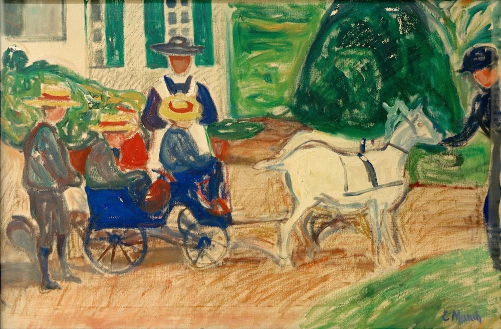 Edvard Munch, Der Ziegenwagen (Familie,Geschwister,Gruppenbild,Jugendstil,Kindermode,Kind,Kutsche,Kunst,Mensch,Ziege,Portrait,Expressionismus,Norwegische Kunst,Kindermädchen,Spazierfahrt,Menschen Im Garten,Zugtier,Kinderleben,Skandinavische Kunst,Ziegenwagen)