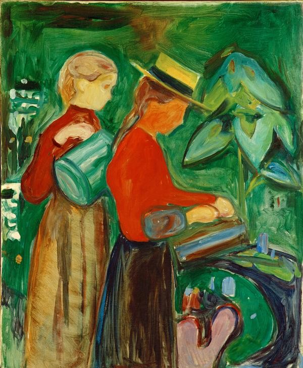 Edvard Munch, Mädchen beim Blumengießen (Jugendstil,Kind,Kunst,Mädchen,Expressionismus,Topfpflanze,Norwegische Kunst,Kinderleben,Skandinavische Kunst,Giessen (Tätigkeit),Linde-Fries)