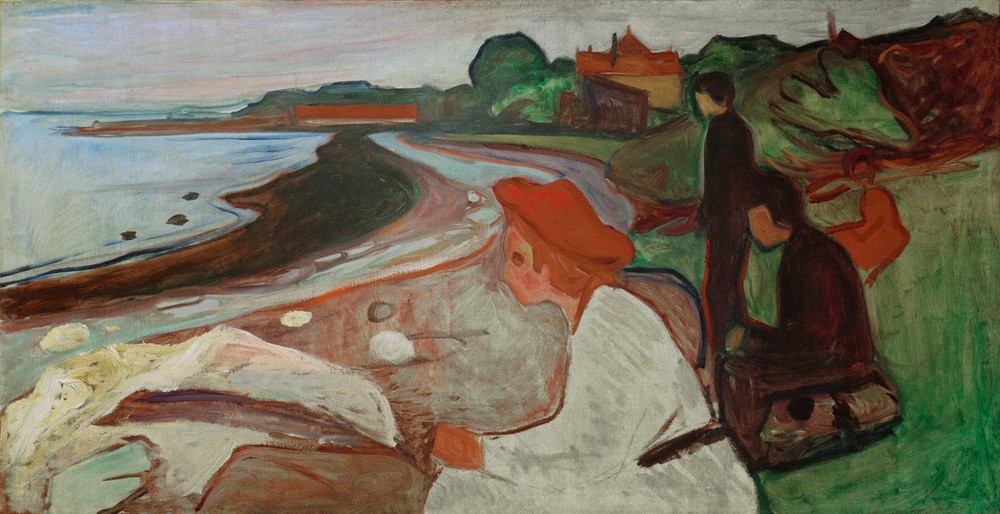 Edvard Munch, Jugend am Meer (Ausflug,Jugend (Lebensalter),Jugendstil,Küste,Kunst,Landschaft,Rast,Freizeit,Spaziergang,Strand,Expressionismus,Reise,Norwegische Kunst,Skandinavische Kunst,Linde-Fries)