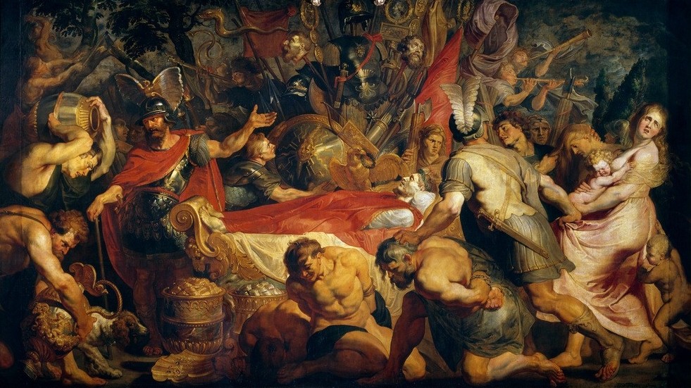 Peter Paul Rubens, Die Totenfeier für Decius Mus (Begräbnis,Feldherr,Flämische Kunst,Geschichte,Krieg,Kriegsgefangene,Kunst,Leiche,Militär,Konsul,Tod,Barock,Sklave,Sieg (Erfolg),Aufbahrung,Triumph,Niederländische Kunst,Trophäe,Siegesfeier,Kriegsbeute,Gefangene,Latinerkrieg,Person,Feier)