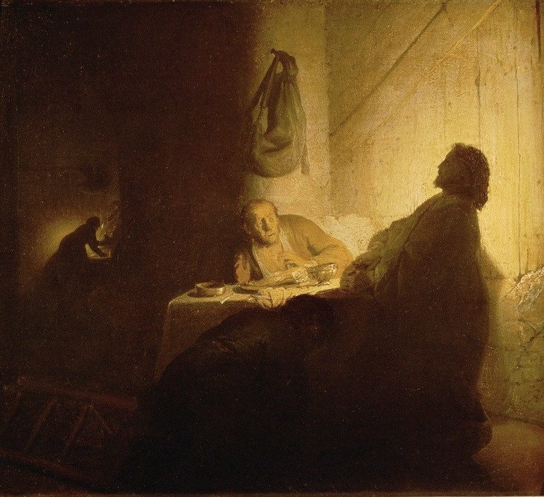 Rembrandt Harmenszoon van Rijn, Christus in Emmaus (Christentum,Kunst,Religion,Barock,Neues Testament,Bibel,Apostel,Helldunkel,Niederländische Kunst,Emmaus,Christus In Emmaus,Holländische Kunst)