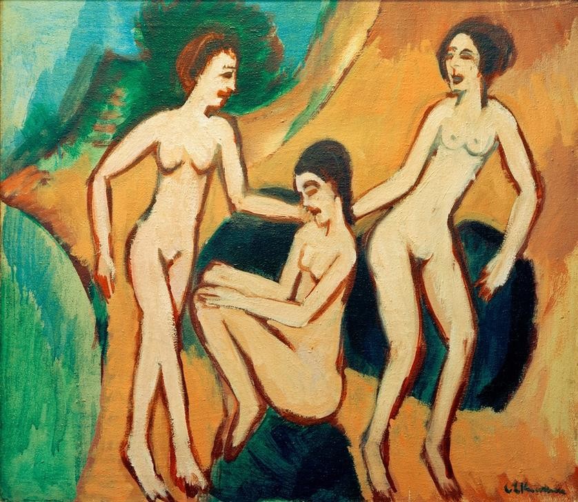 Ernst Ludwig Kirchner, Drei Badende am Strand (Bad Im Freien,Bad,Deutsche Kunst,Frau,Gruppenbild,Kunst,Mensch,Freizeit,Strand,Meer,Akt,Expressionismus,Die Brücke,Im Freien (Allgemein),Nacktheit)