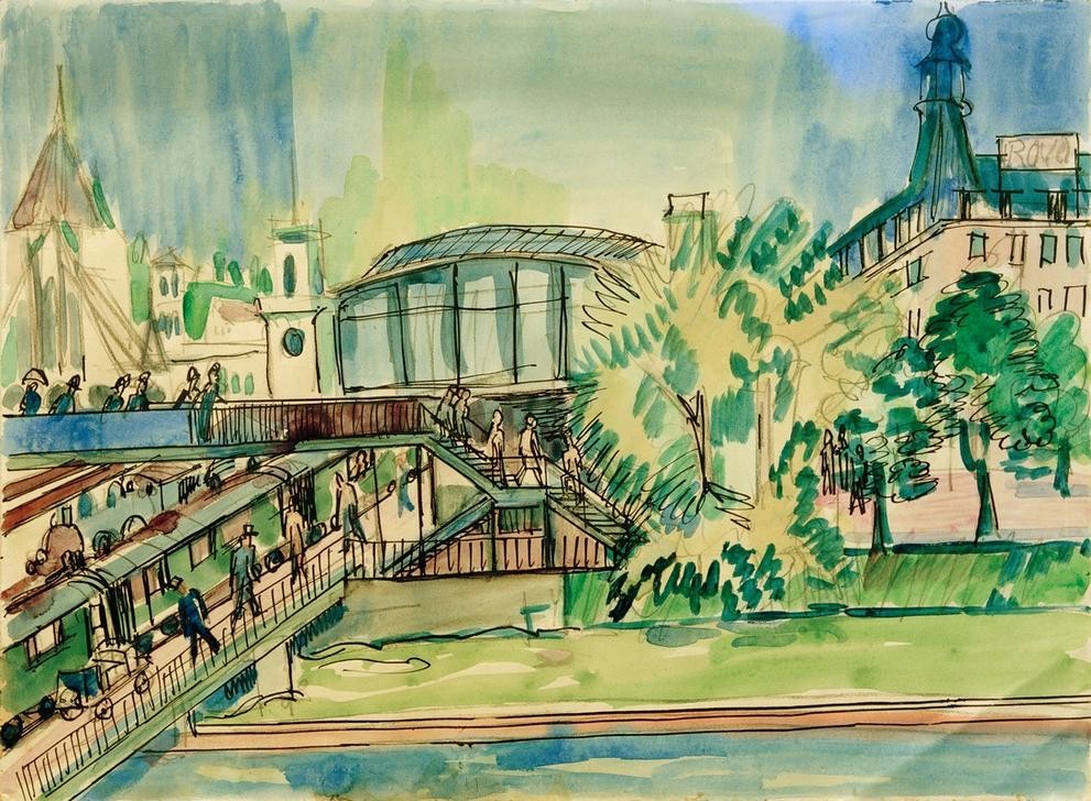 Ernst Ludwig Kirchner, Bahnhof am Kanal (Bahnhof,Architektur,Deutsche Kunst,Eisenbahn,Reisender,Kanal,Kunst,Stadt,Verkehr,Urbanistik,Expressionismus,Reise,Bahnsteig,Bahn,Architekturdarstellung,Die Brücke)