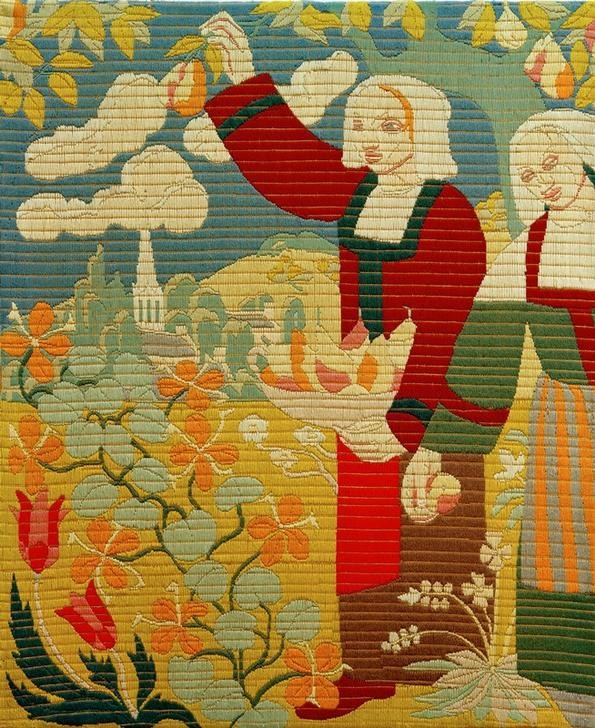 Emile Bernard, Frauen in einem Obstgarten (Volkskunde, bretonische Frauen, Tracht,  Hauben, Landleben, Obsternte, Birnen, Schule von Pont-Aven,  Malerei, Cloisonismus, Klassische Moderne,  Wohnzimmer, Wunschgröße, bunt)
