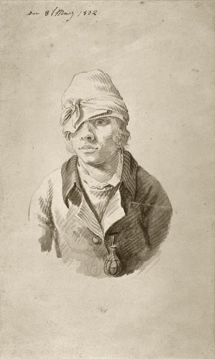 Caspar David Friedrich, Selbstbildnis mit Mütze und Visierklappe (Deutsche Kunst,Künstler,Maler (Künstler),Mann,Selbstbildnis,Portrait,Augenklappe,Romantik,Person,Mütze)