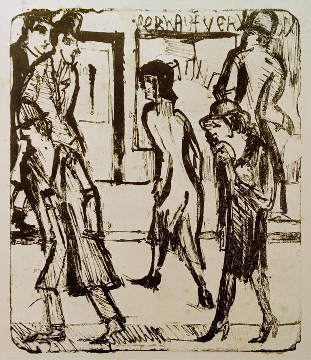 Ernst Ludwig Kirchner, Straße (Deutsche Kunst,Kunst,Mensch,Strasse (Allgemein),Strassenszene,Verkehr,Expressionismus,Die Brücke,Fussgänger,Passant,Passantin,Fussgängerin,Stadtleben)