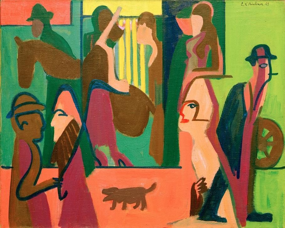 Ernst Ludwig Kirchner, Straße in der Dämmerung (Deutsche Kunst,Kunst,Mensch,Strasse (Allgemein),Strassenszene,Verkehr,Hund,Expressionismus,Die Brücke,Fussgänger,Passant,Passantin,Fussgängerin,Stadtleben)