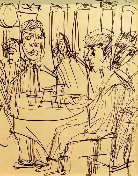 Ernst Ludwig Kirchner, Am Caféhaustisch (Deutsche Kunst,Essen Und Trinken,Gastronomie,Gesellschaftliches Leben,Gesellschaft,Kunst,Mann,Mensch,Freizeit,Expressionismus,Die Brücke,Cafe)