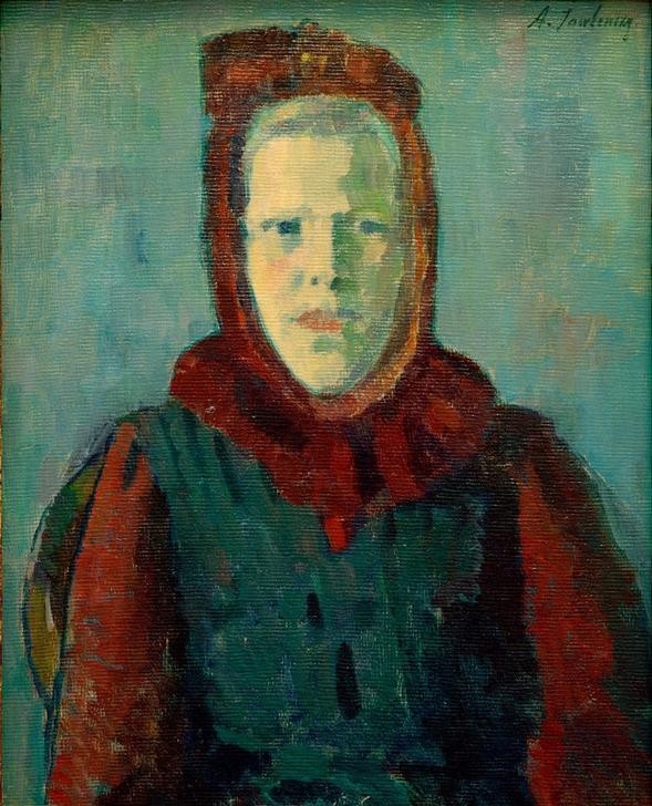 Alexej von Jawlensky, Mädchen mit Haube (Frau,Kopfbedeckung,Kunst,Mädchen,Mensch,Portrait,Expressionismus,Der Blaue Reiter,Russische Kunst,Haube,Kleidung (Allgemein),Junge Frau,Brustbild,Signatur)