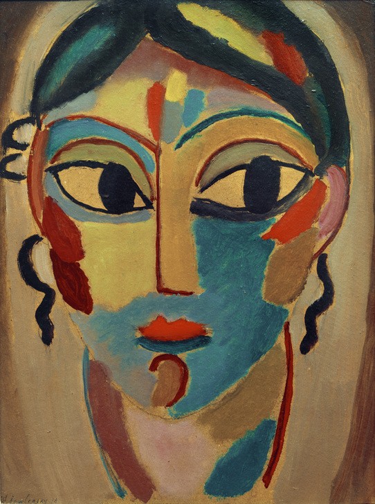 Alexej von Jawlensky, Mystischer Kopf: Mädchenkopf (frontal) (Frau,Kunst,Mädchen,Mensch,Portrait,Expressionismus,Der Blaue Reiter,Russische Kunst,Kopf,Junge Frau)