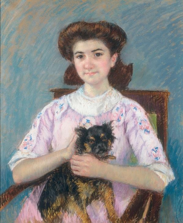 Mary Cassatt, Portrait de Marie-Louise Durand-Ruel (Kind,Mädchen,Mensch,Impressionismus,Hund,Frauenkunst,Portrait,Kind Und Tier,Amerikanische Kunst,Schosshund,Lächeln,Halbfigur,Frisur)