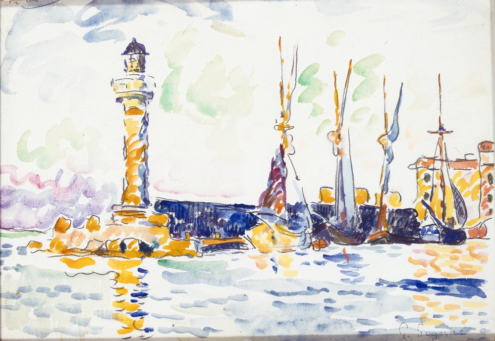 Paul Signac, Le Phare (Hafen,Kunst,Landschaft,Leuchtturm,Mole,Meer,Segelboot,Pointillismus,Marinemalerei,Französische Kunst,Schifffahrt)