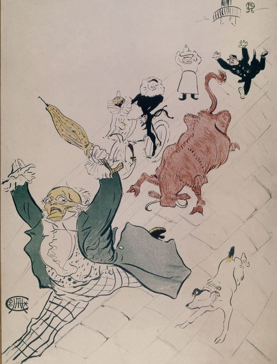 Henri de Toulouse-Lautrec, La Vache Enragée (Jugendstil,Karikatur,Kunst,Laufen,Lithograph,Publizistik,Rind,Strassenszene,Szene,Werbung,Plakat,Hund,Zeitschrift,Panik,Angst,Flucht,Kampf Zwischen Mensch Und Tier,Clown,Bilder Erzählen Eine Geschichte,Zeichnen,Französische Kunst,Verfolgung,Belle Epoque,F)