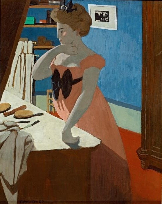 Felix Vallotton, Misia et sa coiffeuse (Körperpflege,Damenmode,Frau,Haarpflege,Mode,Pianistin,Toilette (Körperpflege),Wohnung,Nachthemd,Schweizerische Kunst,Badezimmer,Schleife,Toilettentisch,Privatsammlung,Handtuchhalter)