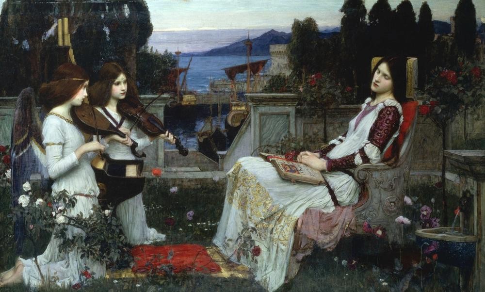 John William Waterhouse, Saint Cecilia (Christentum,Engel,Heilige,Kunst,Musik,Religion,Traum,Geige,Präraffaeliten,Engelskonzert,Englische Kunst,Menschen Im Garten,Versenkung,Schutzpatronin,Schlafen (Schlaf))