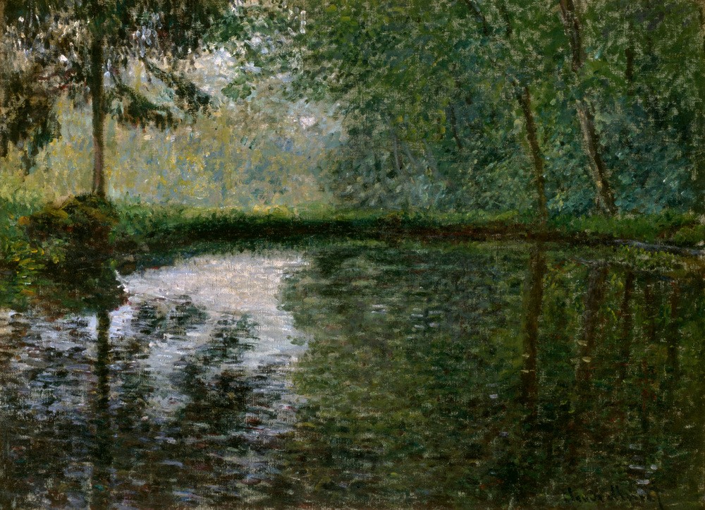 Claude Monet, Coin d’étang à Montgeron (Gewässer,Kunst,Landschaft,Wald,Impressionismus,See,Spiegelung,Französische Kunst,Gartenteich)