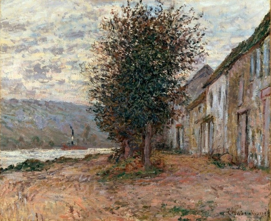 Claude Monet, Bord de la Seine à Lavacourt (Gewässer,Haus,Kunst,Landschaft,Impressionismus,Fluss,Französische Kunst,Ufer,Häuserzeile)